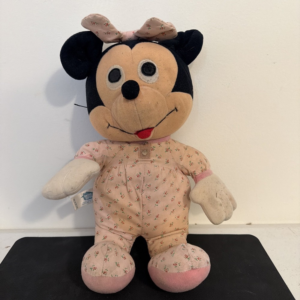 Vtg Disney Baby Minnie Mouse Pink Floral PJs Pajamas Bedtime Plush Toy Hasbro